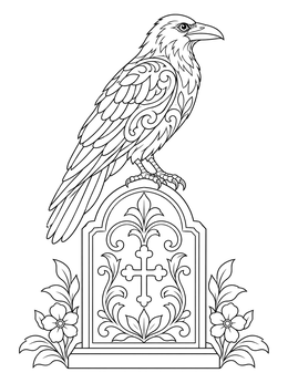 A detailed raven sits on a tombstone in this graveyard coloring page.