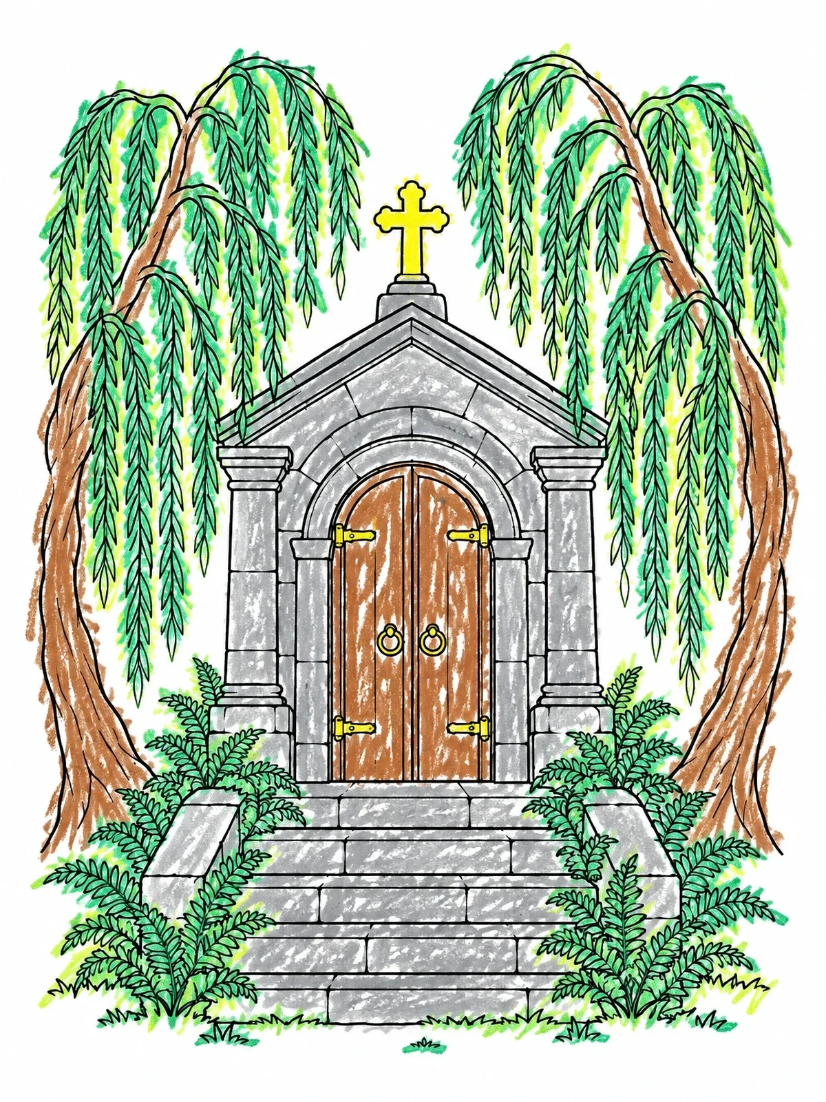 Colored example of the Stone Crypt And Weeping Willows coloring page