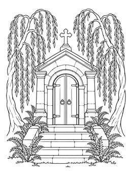A peaceful stone mausoleum framed by willow trees on this graveyard coloring page.