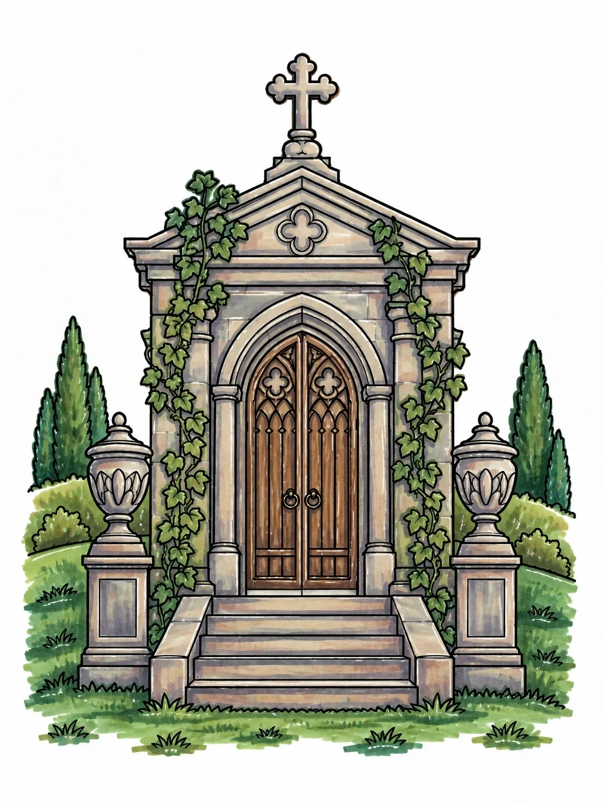Colored example of the Victorian Mausoleum With Climbing Ivy coloring page