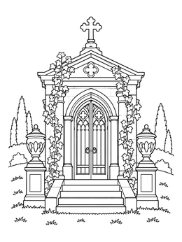 An ornate stone crypt in this graveyard coloring page with ivy, decorative urns, and arched doors.