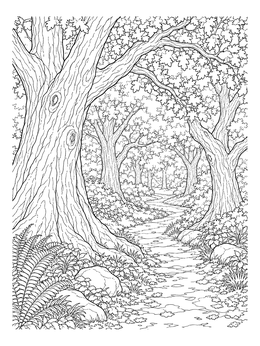 A winding path through majestic trees on this grayscale coloring page.