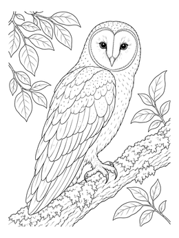 A realistic barn owl perched on a branch in this grayscale coloring page.
