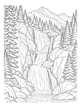 A detailed grayscale coloring page of a cascading mountain waterfall framed by tall pine trees.