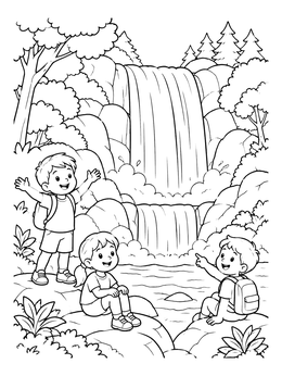 Kids admiring a cascading river waterfall in this charming grayscale coloring page.