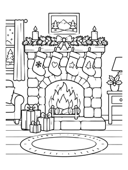 A cozy holiday fireplace with stockings in this grayscale coloring page.