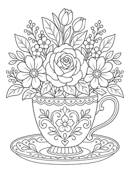 An ornate teacup bouquet in this detailed grayscale coloring page.