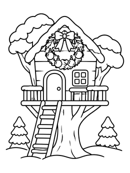 A cozy treehouse decorated with a holiday wreath in this grayscale coloring page.