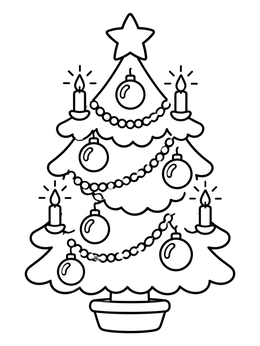 A simple grayscale coloring page of a decorated Christmas tree with candles and baubles.