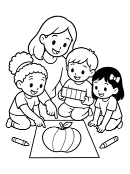Children study an apple sketch in this grayscale coloring page.