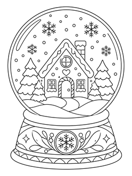 A festive gingerbread house snow globe on a clean grayscale coloring page.