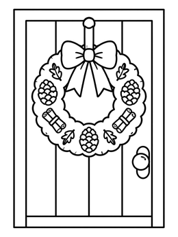 A festive wreath with bow and pine cones in this grayscale coloring page.