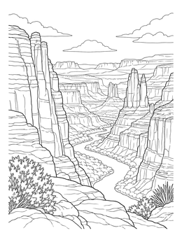 A winding river cuts through rocky plateaus in this grayscale coloring page of a desert canyon.