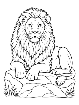 A grayscale coloring page of a noble male lion resting peacefully on a rocky ledge.