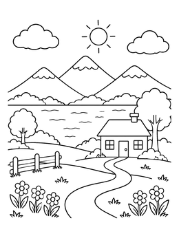 A sunny mountain valley landscape with a cottage in this grayscale coloring page.