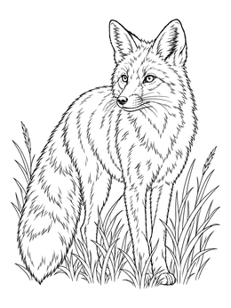 A detailed grayscale coloring page of a realistic fox standing in tall grass.