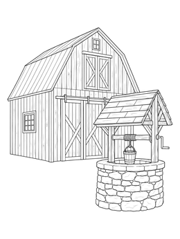A rustic wooden barn stands beside an old stone well in this grayscale coloring page.