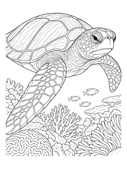 A detailed grayscale coloring page of a realistic sea turtle gliding over an intricate coral reef.