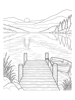 A serene grayscale coloring page of a wooden dock and small boat on a calm mountain lake at sunrise.