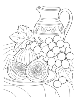 A realistic grayscale coloring page featuring sliced figs, grape bunches, and a ceramic pitcher on draped fabric.