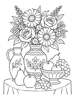 A detailed still life grayscale coloring page featuring a vase of garden flowers and bowls of fresh fruit.
