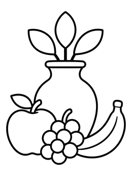 A simple grayscale coloring page featuring a vase and varied fruits.