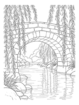 A rustic stone bridge over flowing water framed by weeping willows in a grayscale coloring page.