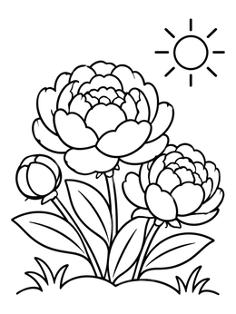 A simple grayscale coloring page of blooming peony flowers growing in the bright sunshine.