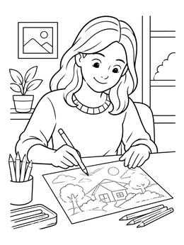 A smiling young artist sketches a landscape in this grayscale coloring page.