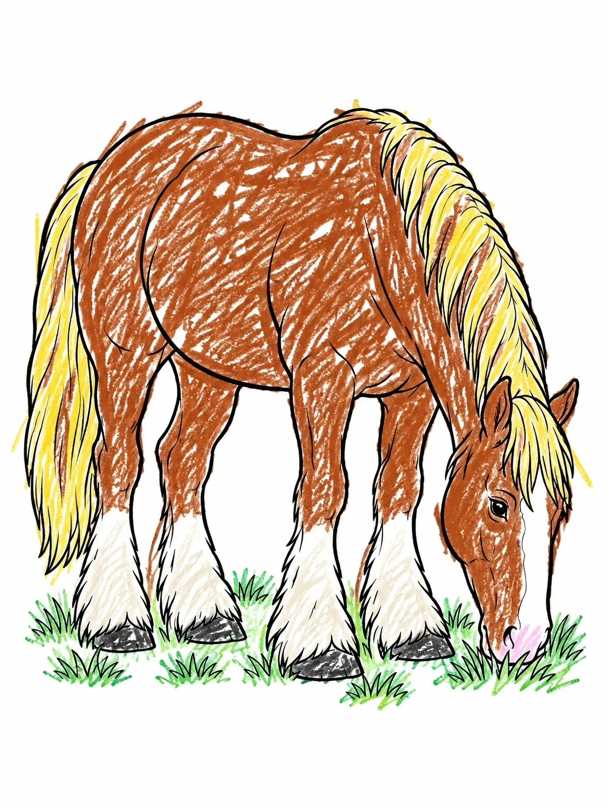Colored example of the Grazing Clydesdale Draft Horse coloring page