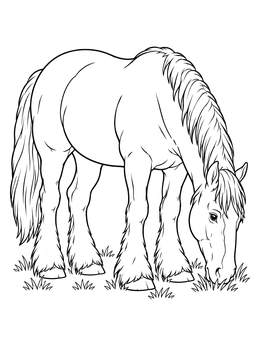 A gentle clydesdale coloring page showing the draft horse peacefully grazing in grass.