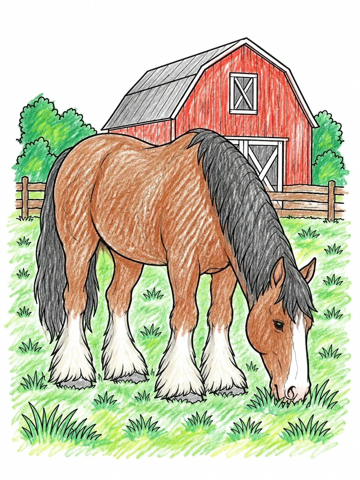 Colored example of the Clydesdale Horse Grazing By The Barn coloring page