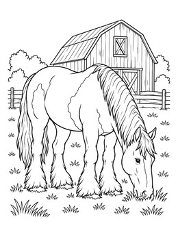 A peaceful Clydesdale horse in this farm animals coloring page by a rustic barn.