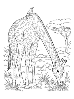 A detailed giraffe coloring page showing a grazing giraffe with a small bird perched on its back.