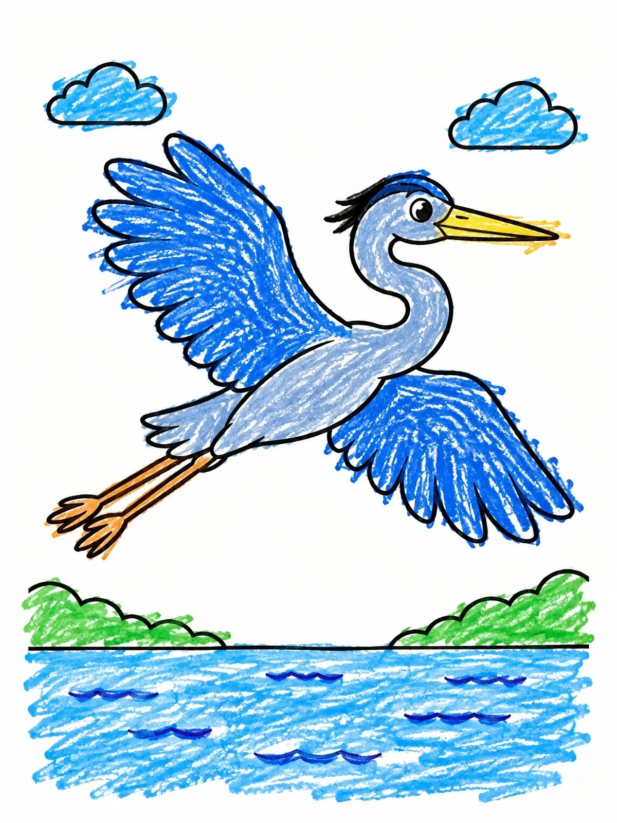 Colored example of the Great Blue Heron Flying Over Water coloring page