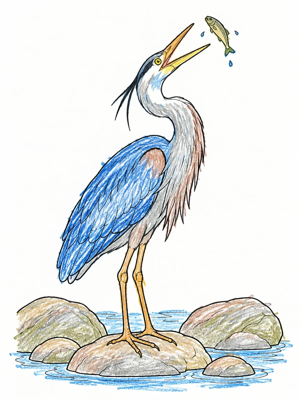 Colored example of the Heron Catching A Fish coloring page