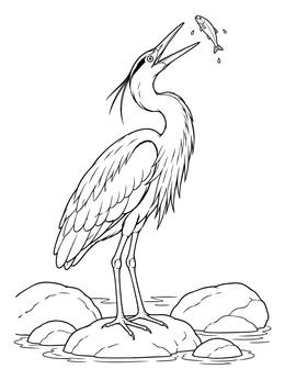 A great blue heron coloring page showing the bird tossing a fish into the air by the water.