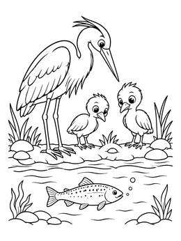 Free printable Heron Family Watching Swimming Fish coloring page