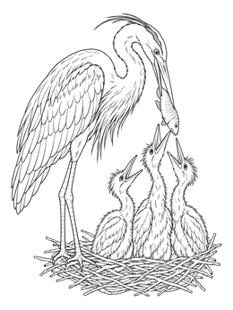 An adult bird feeds hungry chicks in this detailed great blue heron coloring page.