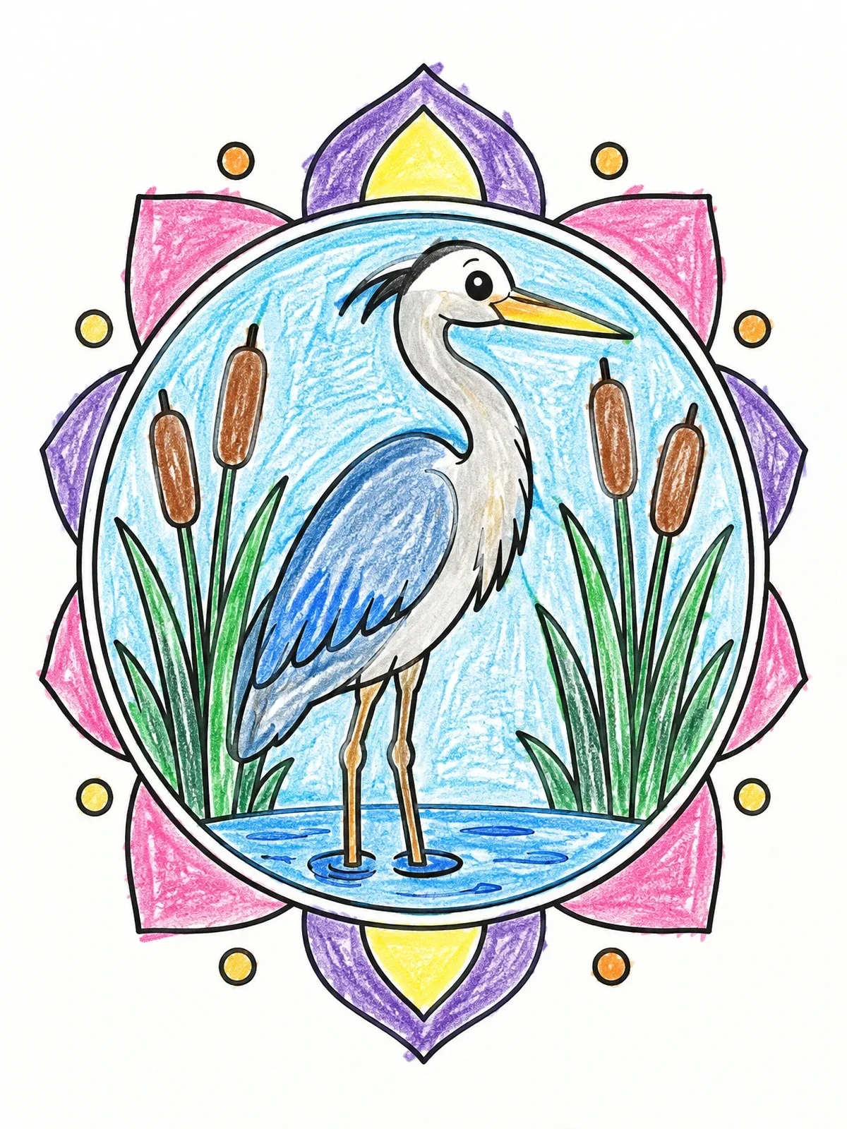 Colored example of the Heron In Cattails Mandala Frame coloring page