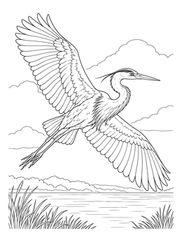 A detailed great blue heron coloring page shows the majestic bird soaring with wings wide over a calm wetland.