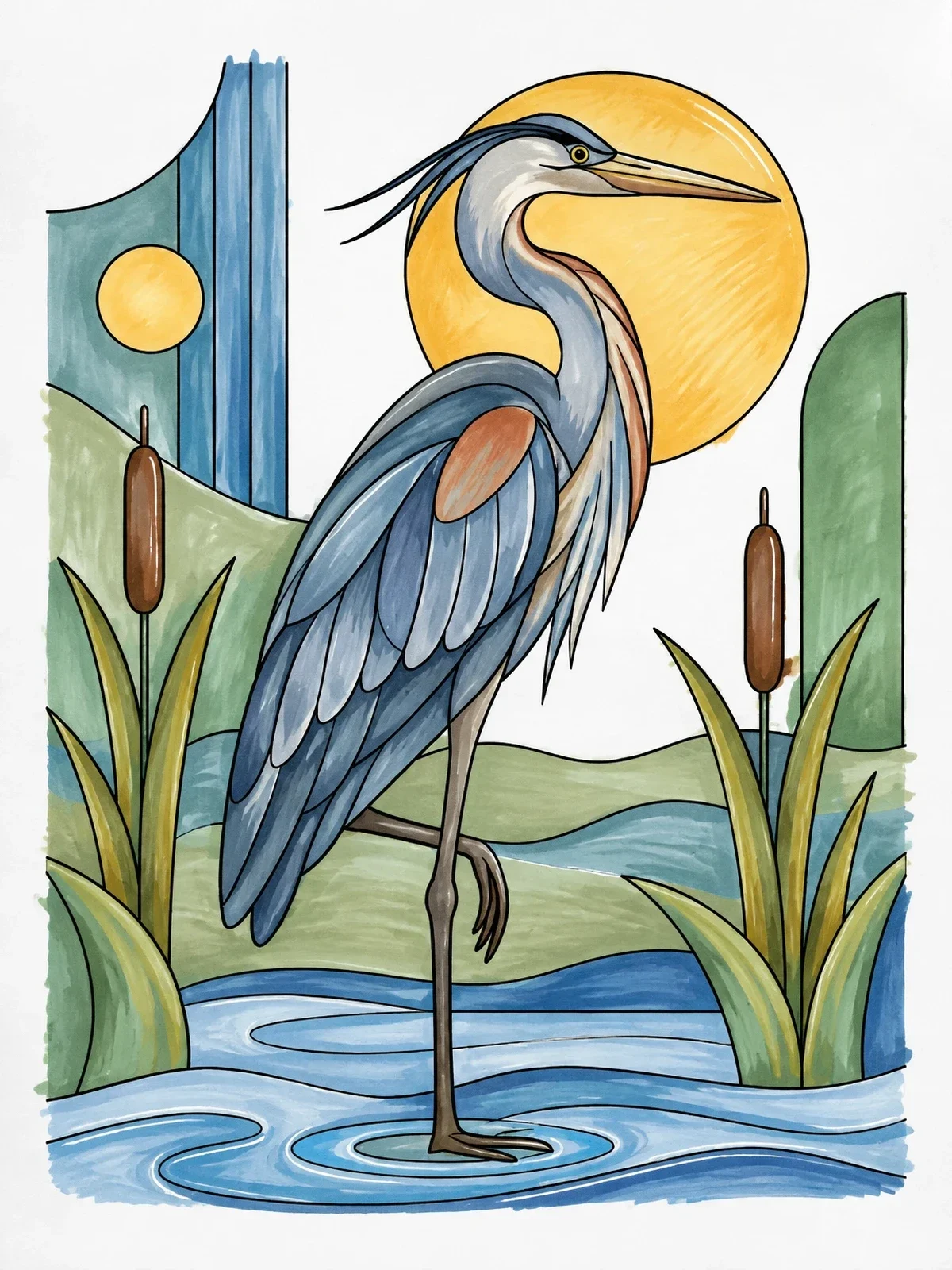 Colored example of the Great Blue Heron In Wetlands coloring page