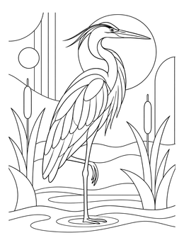 A great blue heron coloring page featuring a graceful bird standing in shallow water among reeds.