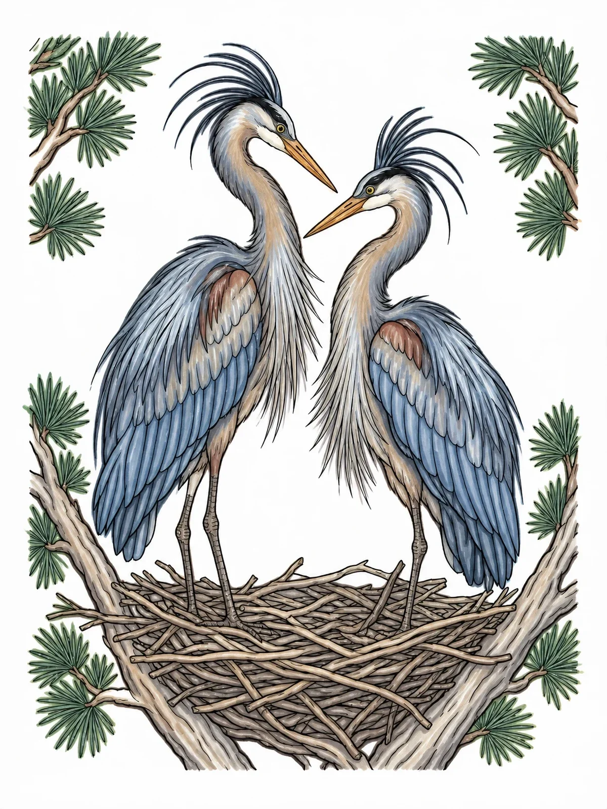 Colored example of the Great Blue Heron Nesting Pair coloring page