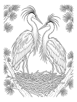 A detailed great blue heron coloring page showing two herons standing in a large treetop nest.