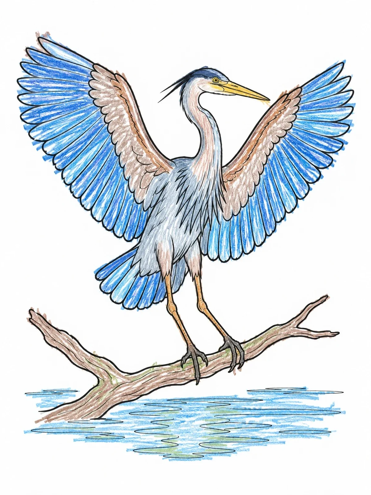 Colored example of the Great Blue Heron With Wings Spread coloring page