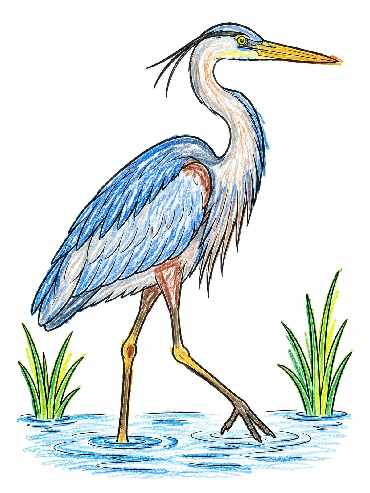 Colored example of the Great Blue Heron Wading In Water coloring page