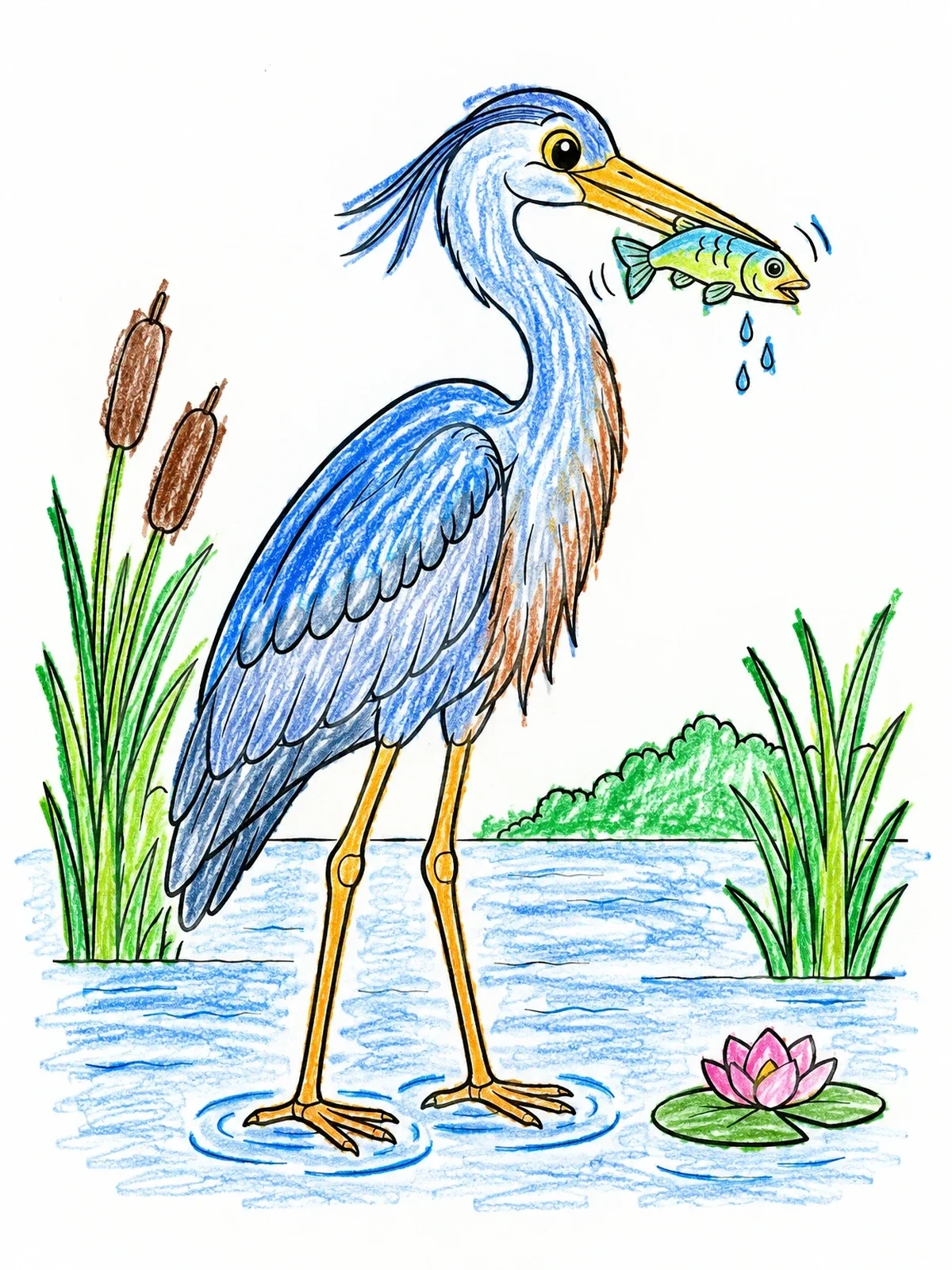 Colored example of the Great Blue Heron With Fish coloring page