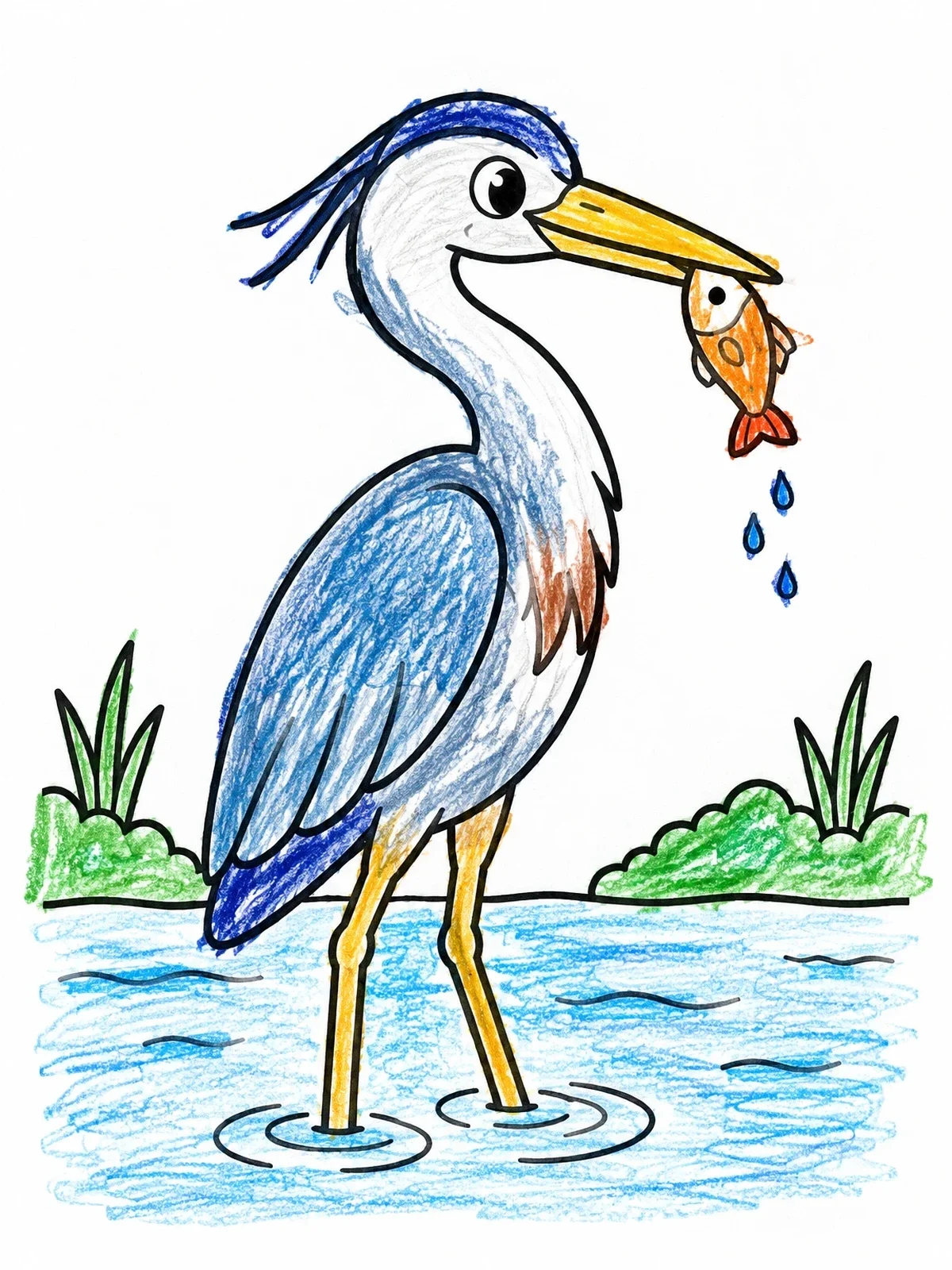 Colored example of the Great Blue Heron With Fish coloring page