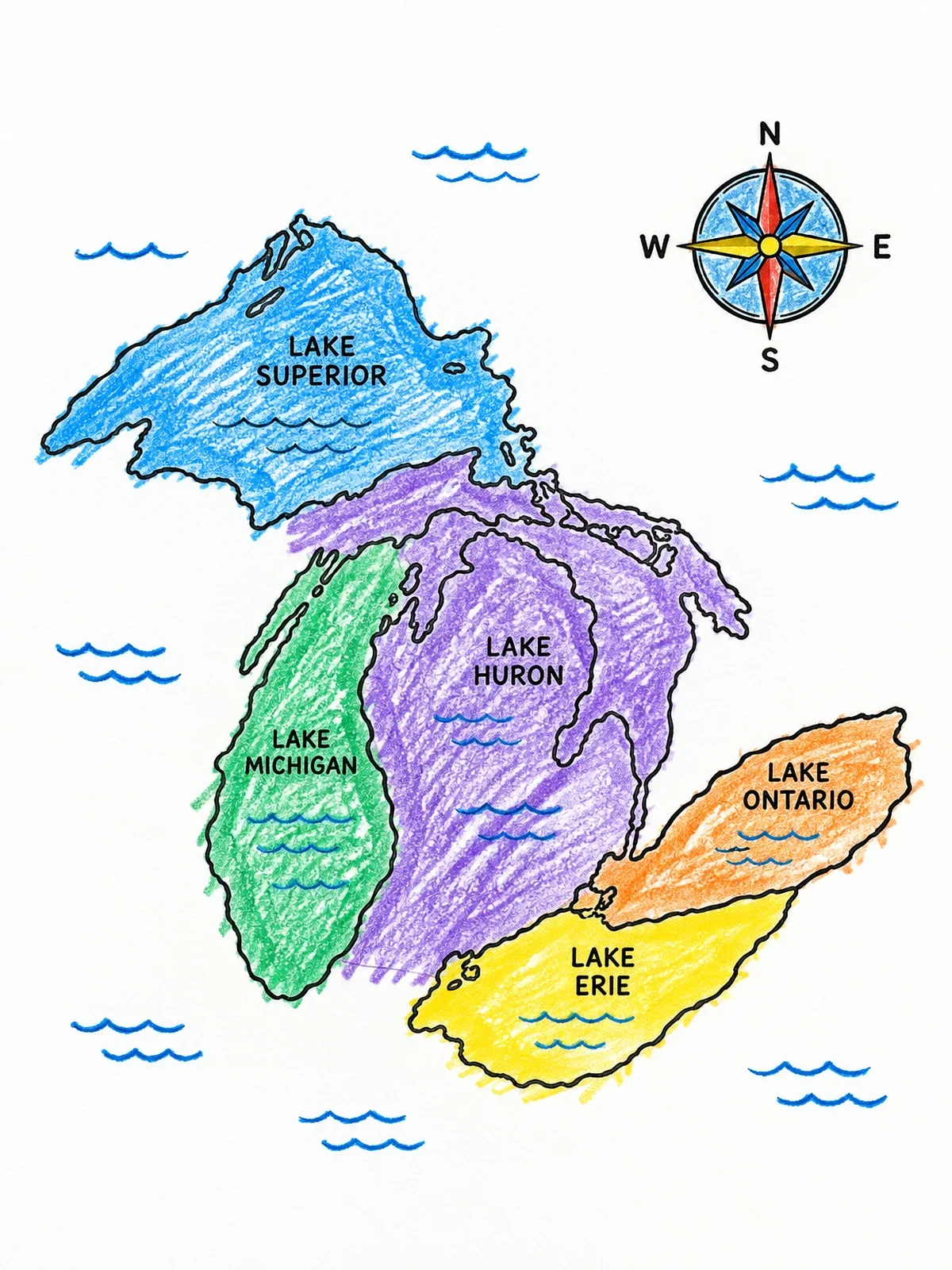 Colored example of the Great Lakes Map With Compass coloring page